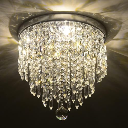 Depuley Lámpara de araña de cristal moderna para sala de estar: lámpara de techo de cristal con diseño elegante para dormitorio, pasillo, cocina, lámpara de techo plateada de cristal para techo,