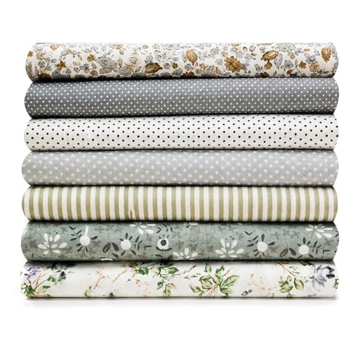 NEUJUS 7er Set Baumwollstoff 50x50cm Stoff Meterware aus 100% Baumwolle Patchwork Stoffe Paket Stoffreste zum Nähen Basteln & Quilten Verschiedene Designs DIY Stoffe (7 Stück Grey Print)