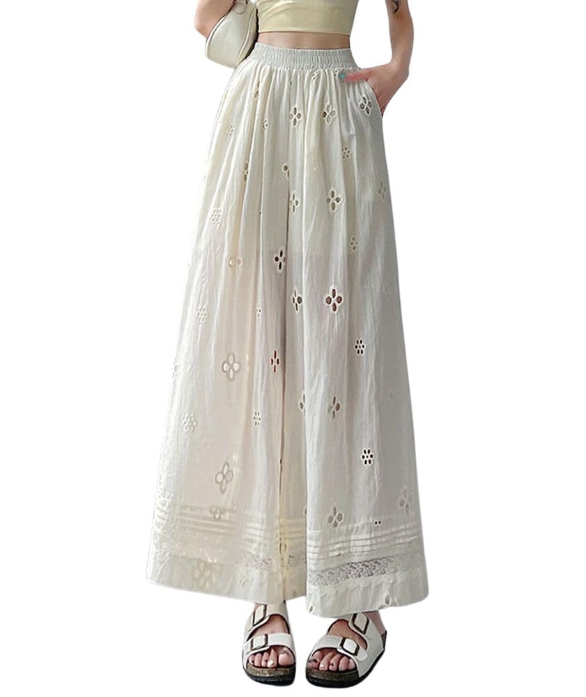 chouyatou Womens Eyelet Embroidery Wide Leg Pants Elastic Waist Capri Palazzo Pants Baggy Culottes with Pockets