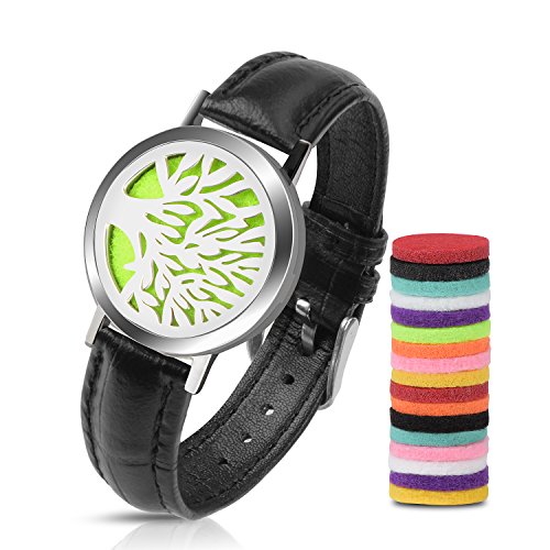 Essential Oil Diffuser Leather Wrap Bracelet Set, Stainless Steel Tree of Life Aromatherapy