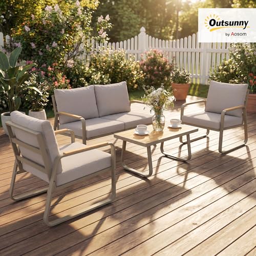 Outsunny 4 Piece Patio Furniture Set, Outdoor Conversation Set with Loveseat, 2 Armchairs, Coffee Table and Cushions, Garden Furniture with Metal Frame for Poolside Porch, Brown
