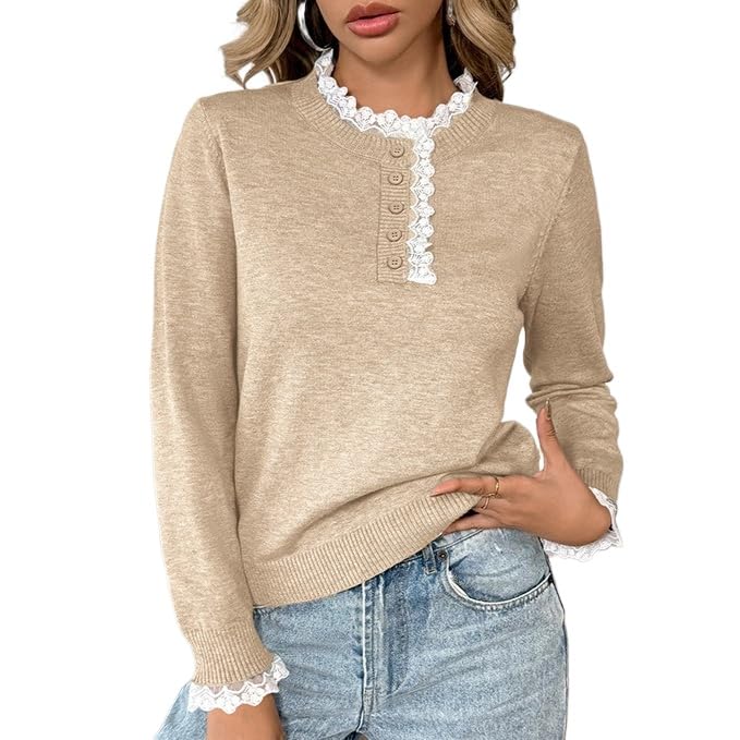 Womens Lace Trim Knit Sweater Pullover Lightweight Mock Neck Button Front Long Sleeve Fitted Top