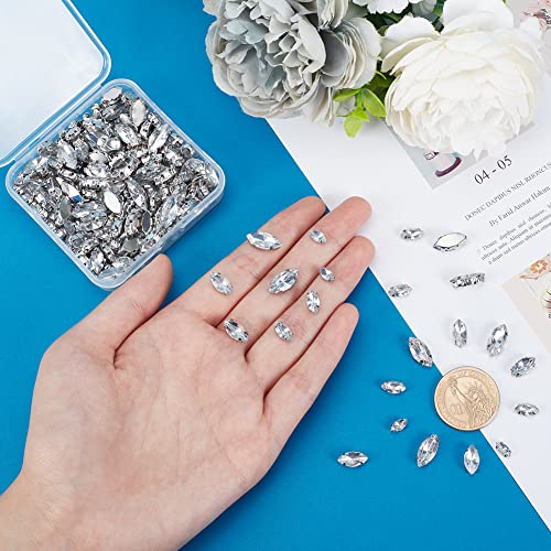 PH PandaHall 200pcs 4 Sizes Sew on Horse Eye Faceted Glass Rhinestone Flatback Crystal Rhinestones with Brass Findings 4-Hole Bead Charm for Clothing Wedding Dress Decoration, Clear