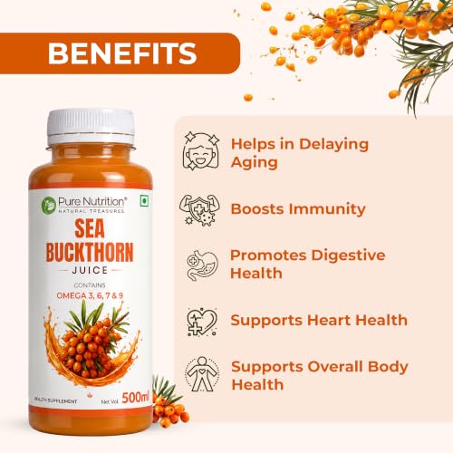 Image of Pure Nutrition Seabuckthorn Juice 500ml | Rich in Omega Fatty Acids (3,6,7 & 9), Vitamins & Antioxidants | Sea buckthorn Supports Immunity, Heart & Digestive Health | Promotes Skin, Cellular Health & Overall Wellness
