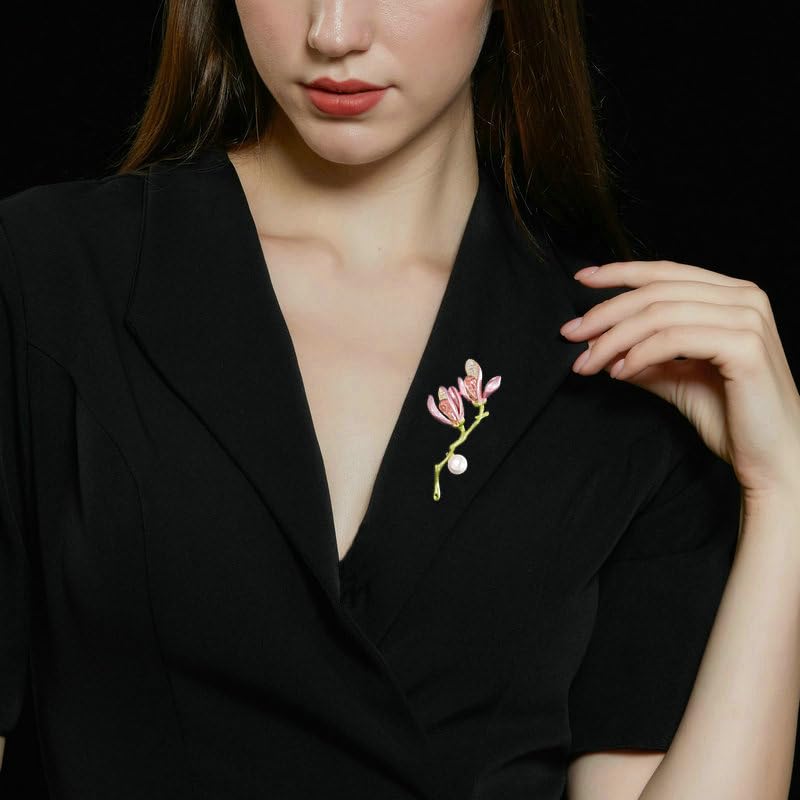 Image of 14K Gold Graceful Vintage Chinese Style Brooch Pin for Women, Freshwater Pearl Magnolia Flower Pink /White Pin, Ideal for Traditional Events, Women's Brooches & Pins