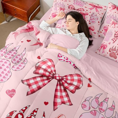Image of Pink Bowknot King Bedding Sets 7 Pieces Girly Bow Love Romantic Style Comforter Set Heart Leopard Print Paw Prints Bedroom Decor Comforter,Flat Sheet,Fitted Sheet,2 Pillowcases,2 Pillow Covers