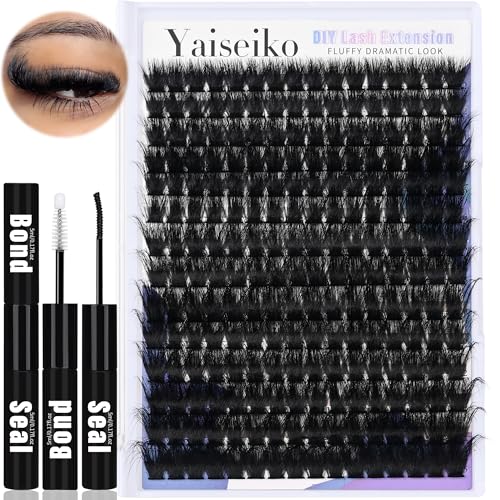 Fluffy Lash Clusters Kit 12-25mm Thick Cluster Eyelash Extensions Kit 224Pcs 150D Volume Individual Lashes with Lash Bond and Seal Wispy D Curl Waterproof Matte Black False Eyelashes, by Yaiseiko