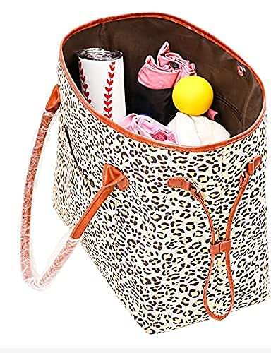 Bolso tote de lona con estampado de leopardo, bolso de hombro grande y práctico para mujeres, con asas resistentes de cuero sintético PU miniatura 7