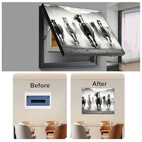 Image of Electric MCB Box Cover Frame With Hydraulic Decorative White 7 Running Horse Painting Electrical Panel box Cover, Switch Box Frame Will Fit Max 15x20 inch Switch Board, Outer Box Size 17X23 Inch