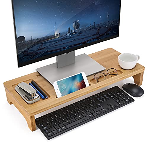 Monitor Stand Riser Nnewvante Bamboo Desktop Organizer with Storage for Laptop Cellphone TV Printer Computer PC Monitor Wood Desk Shelf (Leg Upgraded)
