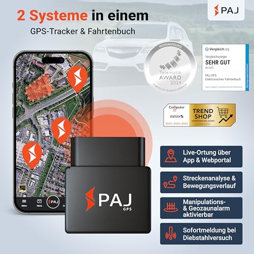 PAJ GPS elektronisches Fahrtenbuch, finanzamtkonform, lückenlos & manipulationssicher, OBD2 Stecker, automatische GPS Aufzeichnung, Global SIM Karte, Auto, LKW UVM