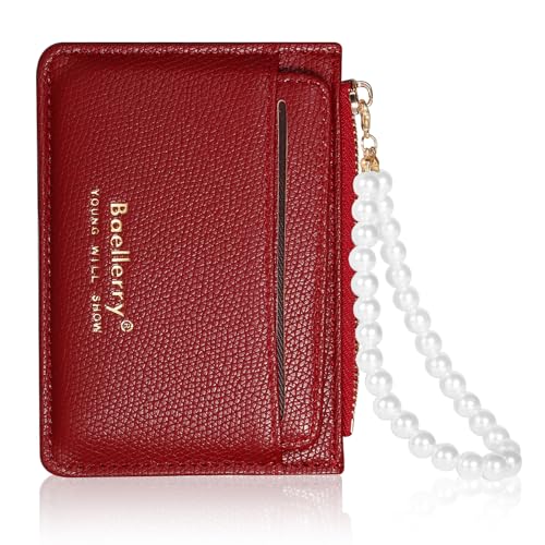 Lapensa Carteira pequena para mulheres, carteira fina para cartão de crédito, bloqueio de RFID, pérola, carteira com bolso com zíper para mulheres e meninas, Vermelho, Small, Fina, pequena