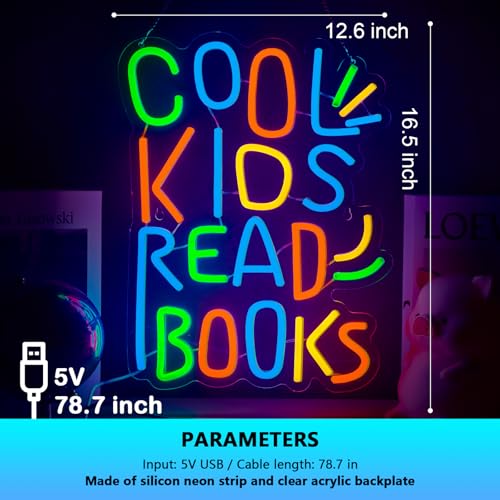 Image of Cool Kids Read Books Neon Sign Kids Read Books Neon Signs for Wall Decor Read Books USB Dimmable LED Lights for Student Suitable for Classroom Bookstore Library Museum Study Room Gift for Teen Boys Girls Christmas