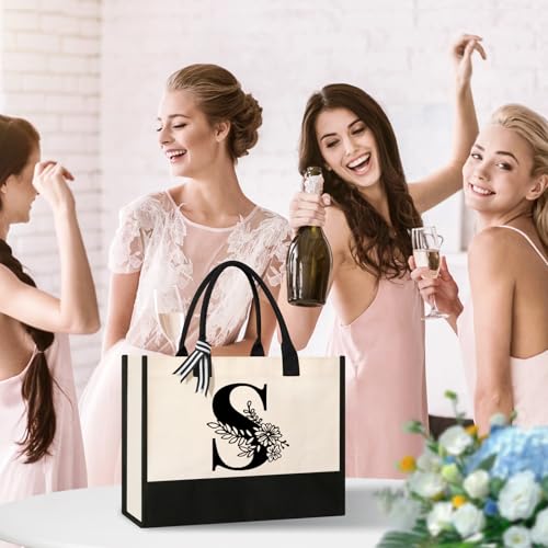 Image of Tecanne Personalized Initial Canvas Tote Bag, Suitable for Birthday, Wedding, Beach, Holiday, Gifts for Women, Mom, Teachers, Nurses, Best Friends, Bridesmaids (S)