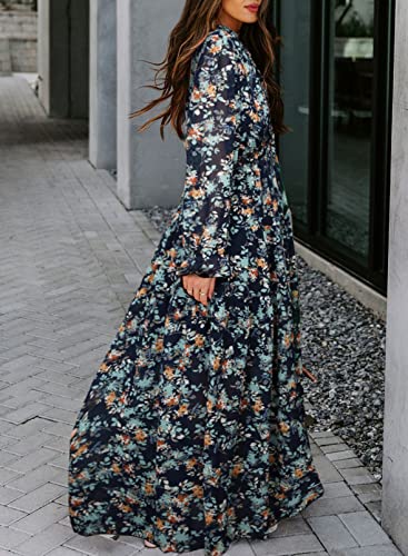 Image of BLENCOT Womens Casual Boho Floral Printed V Neck Long Sleeve Long Maxi Dress Spring Summer Dresses