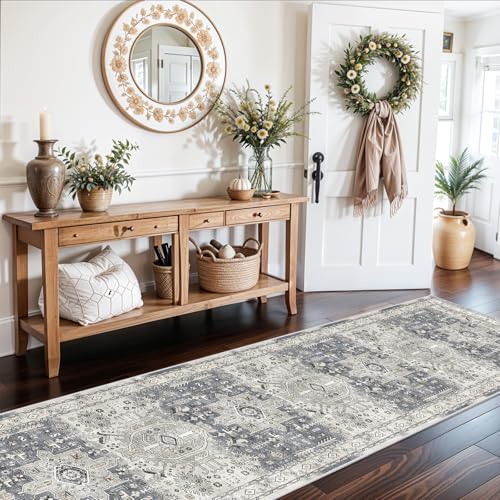 Washable Hallway Runner Rug 3x14: Soft Kitchen Rug Non Slip Rug Runner with Rubber Backing for Living Room Bedroom Bathroom Non Shedding Farmhouse Carpet Runner Rug (Grey, 3X14)