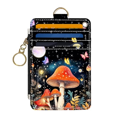 Image of Slim Wallet Credit Card Holder, Colored Mushroom, RFID Wallet Women Cute Small Front Pocket Wallet With Zipper, PU Leather Thin travel RFID Blocking Card Case ID Window,Ladies Gifts
