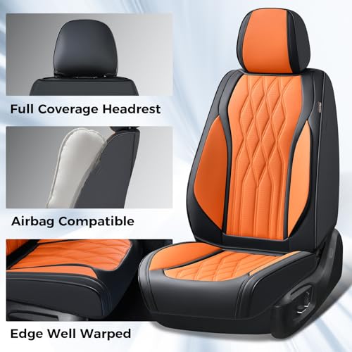 Image of Coverado Front Seat Covers, Car Seat Protector, Waterproof Nappa Leather Cushion, Fit for Most Sedans SUV Pick-up Truck-Black&Orange
