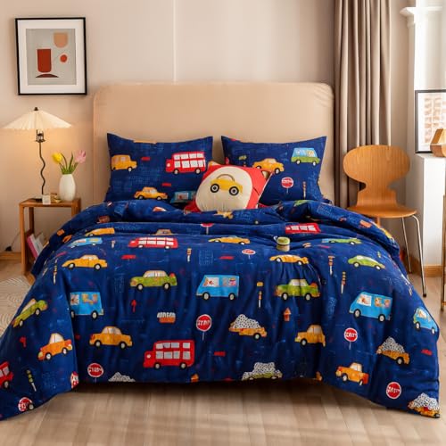 Image of 200 GSM 400 TC Kids Glace Cotton Reversible Cartoon Printed Double Bed King Size Comforter with Matching Bedsheet 90 * 100 with 2 Pillow Covers Set of 4 Pieces (Truck Bus)