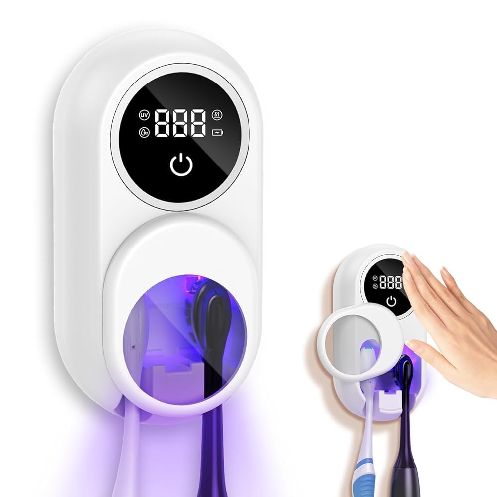 Sterilizzatore UV portaspazzolino, rilevamento automatico della rotazione, schermo LED, asciugatrice, supporto da parete per spazzolino elettrico, per 2 fessure per spazzolino da denti, bianco