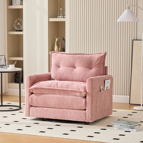 muenfly Sillón giratorio Salón Sillón acolchado negro | Bolsillo lateral y almohada, Sillón relajante moderno y sillón de lectura