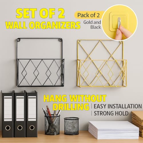 Image of CentraLit 2 Pieces Wall Decor Hanging File Magazine Holder with Hooks - Magazine Newspaper Rack Black Gold Combo File Storage Rack for Office - Home Decor Wall Art Display Rack for Organisation