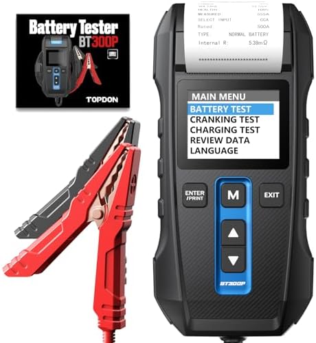 Car Battery Tester 12V 24V 100-2000CCA Lead-Acid Battery, TOPDON BT300P Alternator Tester, Load Tester, with Built-in Printer, Spark Free Metal Clamps, Automatic Reverse Polarity Protection