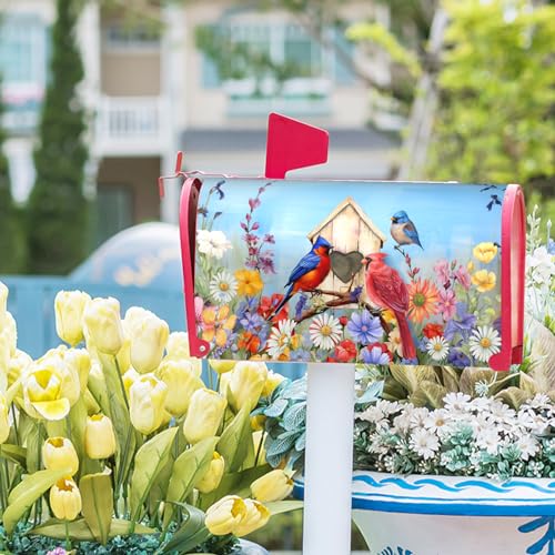 Image of Cardinal Bird Spring Farmhouse Mailbox Decorations - Colorful Magnetic Mailbox Wrap Post Letter Box Cover, Standard Size 25x21in