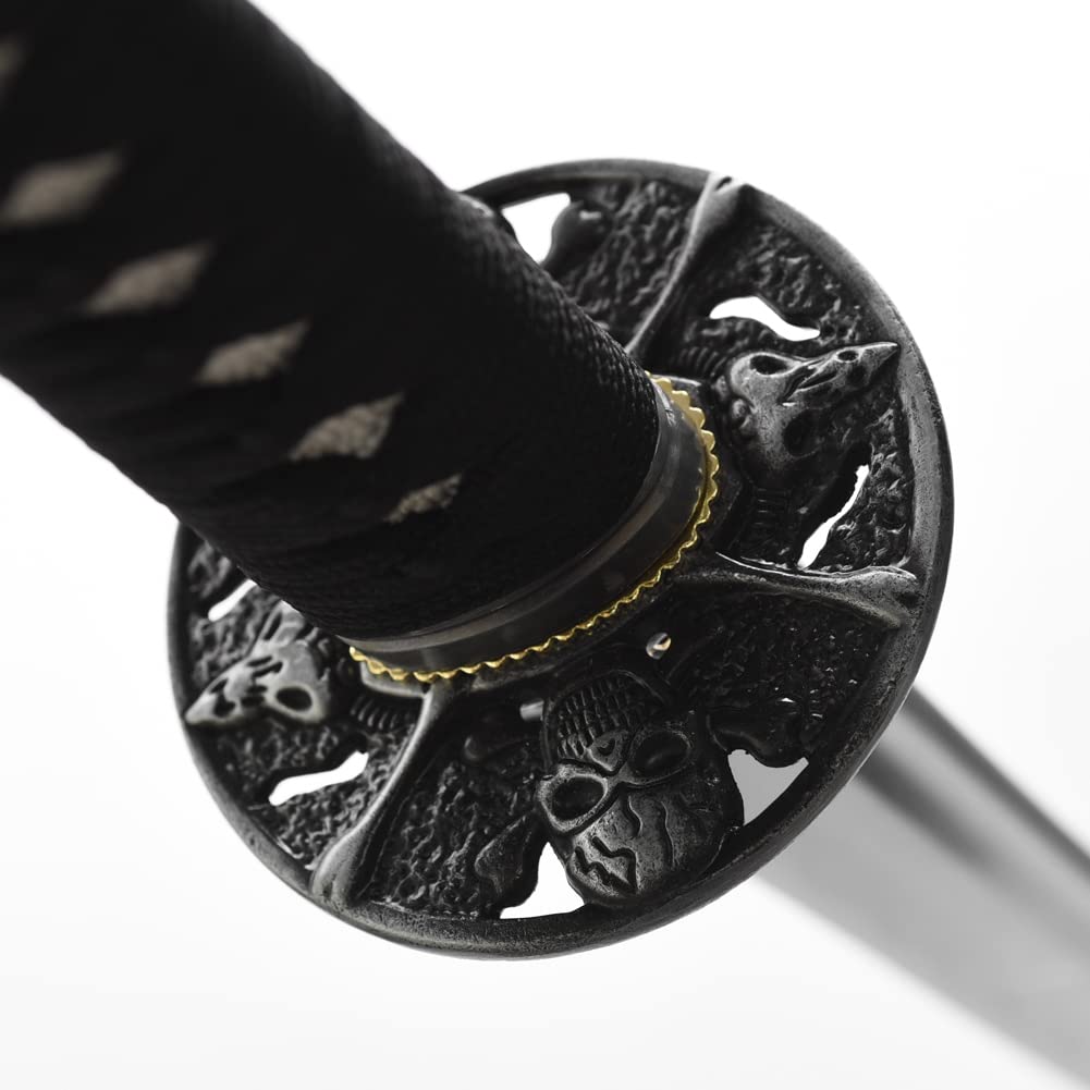 YONG XIN SWORD-Samurai Katana Sword, Japanese Handmade, Practical, 1045 Carbon Steel, Tempered/Clay Tempered, Full Tang, Sharp, Scabbard (Skull)