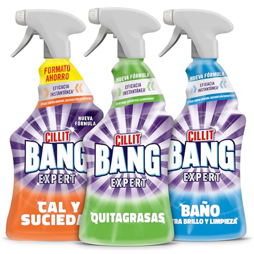 Cillit Bang Pack 3 Sprays Limpiadores (1 Baño Ultra brillo potente limpiador para el baño 750ml, 1 Quitagrasas Cocina 750ml, 1 Cal y Suciedad Cocina 1000ml)