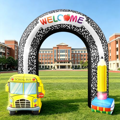 8FT Welcome Back to School Inflatable Arch Outdoor Decorations Composition Blow Up Arch with Pencil School Bus Built-in 5 LED Lights for First Day of School Party Garden Yard Lawn Photo Backdrop