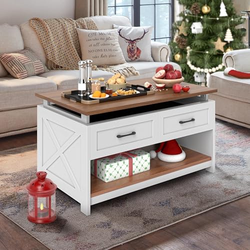 DWVO Farmhouse Living Room Coffee Table: 3-in-1 Game & Puzzle Table with Play Mat, 4 Drawers, Power Outlet, Removable Top Walnut