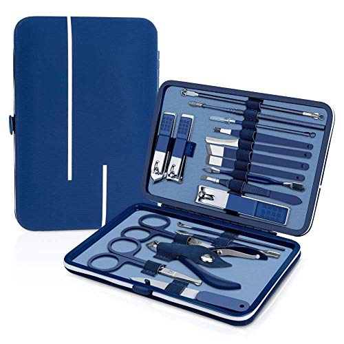 Juego de cortaúñas profesional de 16 piezas, cortaúñas afilado de acero inoxidable, juego de pedicura y manicura con estuche de metal Cortex para hombres y mujeres, juego de 16 piezas (azul 18)