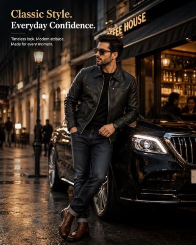 Image of Men's Faux Leather Jacket for Men | Classic Zip-Up | Casual Jacket with Shirt Collar | Full Sleeves & Side Pockets | Black