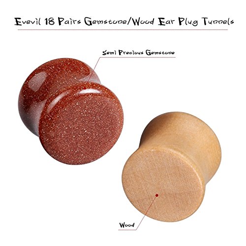 Wood Mixed Stone Ear Plugs Ear Gauges Double Flared Saddle Stretching Gauge Expander (18 Pairs/36 Pieces,00g-14mm)4