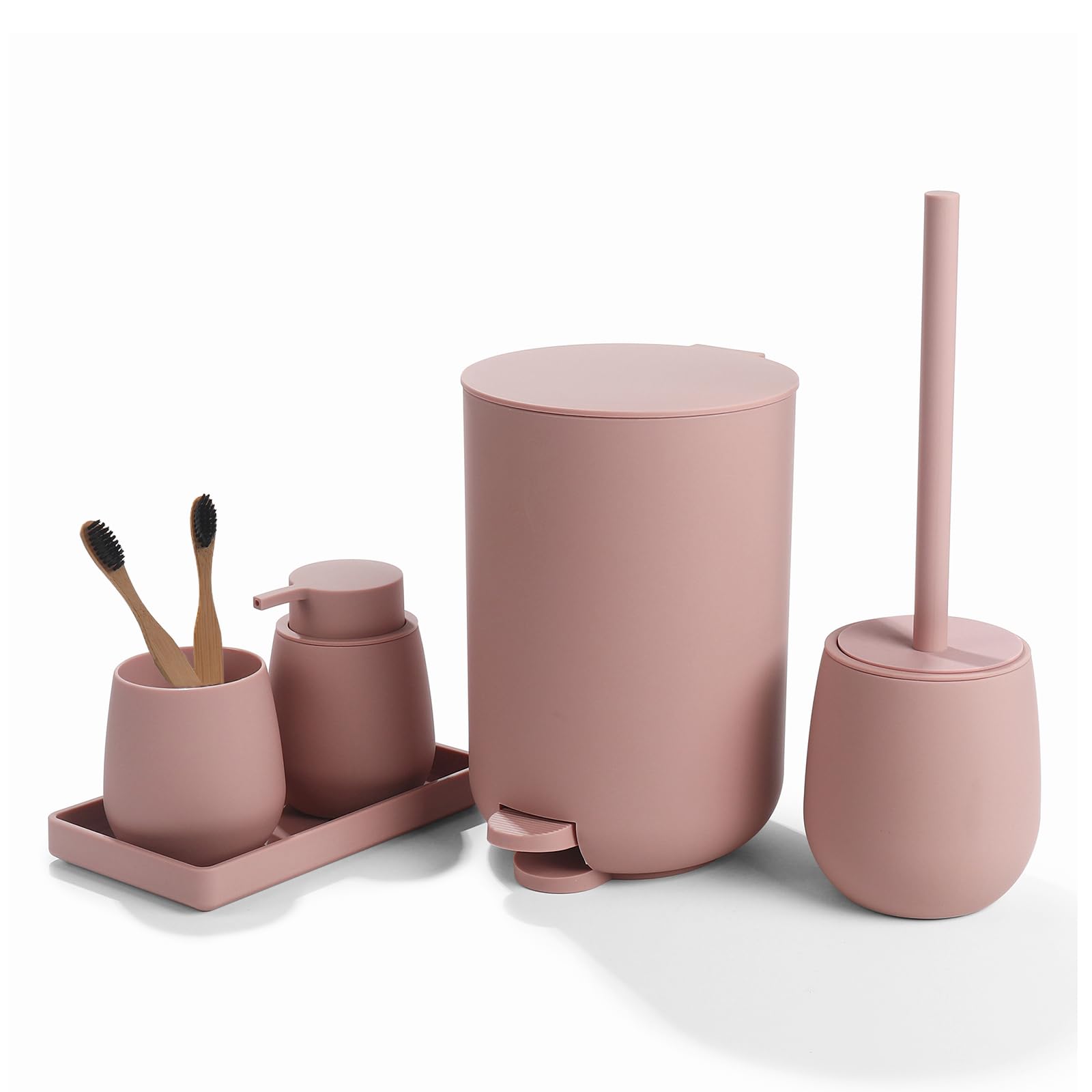 Kit accessoire salle de bain rose au design épuré avec plateau et brosse WC