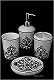 4 Piece Black & White Ceramic Damask Bathroom Accessory Set