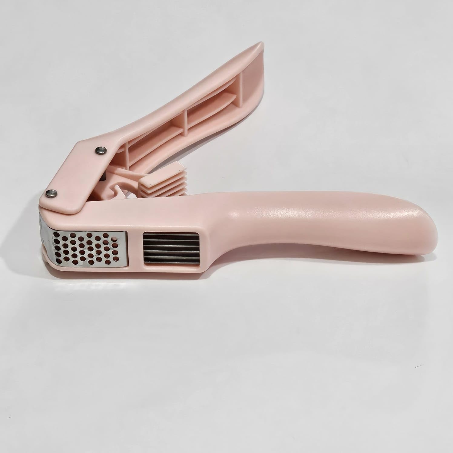 2 in 1 Garlic Press Garlic Mincer Chopper Food Crushing Garlic Mincer and Slicer Garlic Crusher Vegetable Peeler, Small Handheld Stainless Steel, Pink Home Use, TJ776