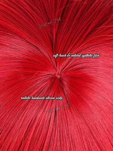 Image of Half and Half Short Curly Deep Red Anime Ponytail Wig with Bangs for Women Dark Red Twin Tails Virtual Singer Lolita Wigs Game Clown Wig for Halloween Party Costumes Daily