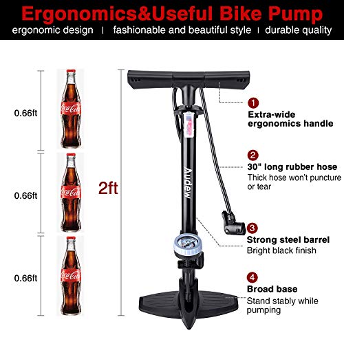 Audew Bike Floor Pump with Gauge - 230Psi Presta/Dunlop and Schrader Dual Valves Bicycle Tire Pump - Steel Structure Floor Pump for Bike, Including Glueless Puncture Kit, Inflating adapters - Thumbnail 5