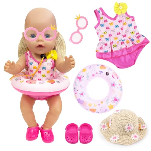 WanderGo Schwimm-Set für Puppen 5 Stück Badeanzug Puppen Set Rosa Puppenkleidung Sommer Schwimmset für Puppen mit Hut Schwimmring Schuhe und Sonnenbrille für 35 - 45 cm Schwimmpuppe