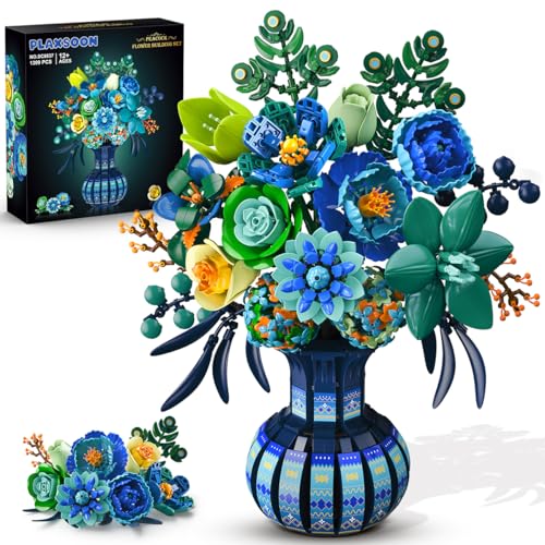 PLAXSOON Kit de Construction de Fleurs avec Vase, Collection Botanique Bouquet de Saint-Valentin en Blocs, 1309 PCS Kit Bonsaï Artificiel Paon Déco Maison, Cadeau pour Elle Adultes Filles 12+