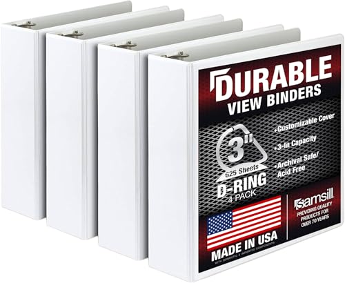 Image of Samsill Durable 3 inch 3 Ring Binder, D Ring Binder, 100% Recycled Chipboard, White, 4 Pack
