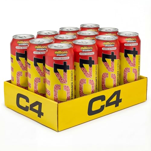 C4 Performance Energy Drinks Millions Strawberry 500ml (12 Pack) | Sugar Free Energy Drink with 160mg Caffeine 250mg Betaine 1050mg Taurine | Low Calorie Fizzy Drinks for On The Go Energy and Focus