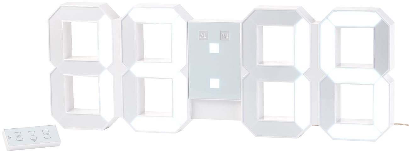 Lunartec Digitaluhr: Digitale XXL-LED-Tisch- & Wanduhr, 45 cm, dimmbar, Wecker, Fernbedien. (LED Uhr Schlafzimmer, Schlafzimmer Uhr beleuchtet, Kabel)