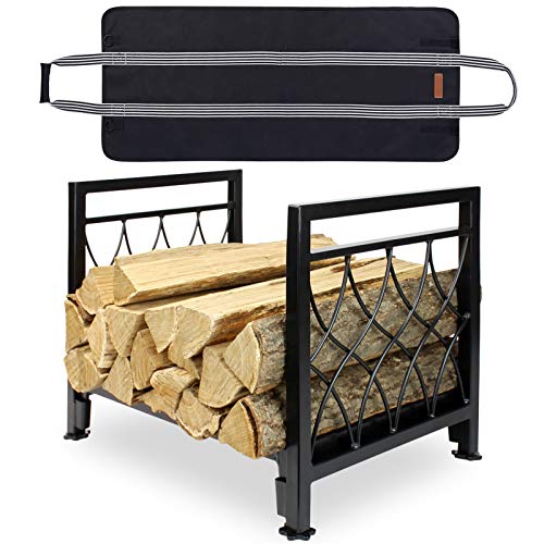 MYFIREPLACEDIRECT Firewood Rack with Log Bag 19 Inch Fireplace Log Holder Indoor Indoor/Outdoor Wood Storage Log Rack Decorative Heavy Duty Steel Firewood Carrier Stove Stacking Rack