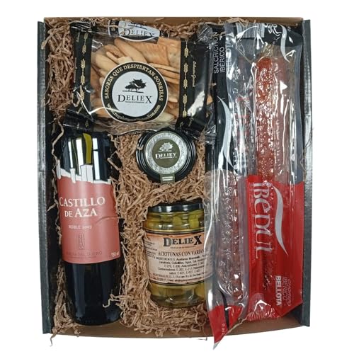 Cesta Gourmet con Vino Castillo de Aza, Embutidos ibéricos, Aceitunas, Queso y Picos Deliex. Un Lote Gourmet para Regalar en cumpleaños, día del Padre o de la Madre, Navidad o por Agradecimiento