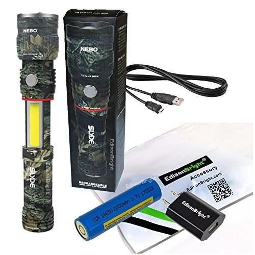 Nebo Slyde King CAMO 330 Lumen USB Rechargeable LED Flashlight Worklight 6643, Rechargeable Li-ion Battery with EdisonBright USB Charger Bundle