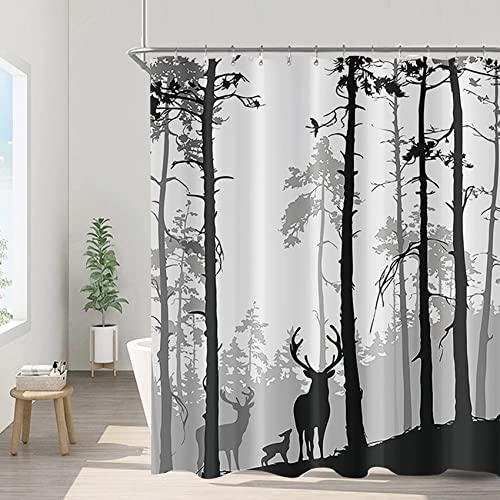 Deer Shower Curtains Set Hunting Camo Wildlife Animal Elk Moose in Pine Fog Forest Bathroom Curtain Polyester Fabric 72 x 72 Inches with Hooks
