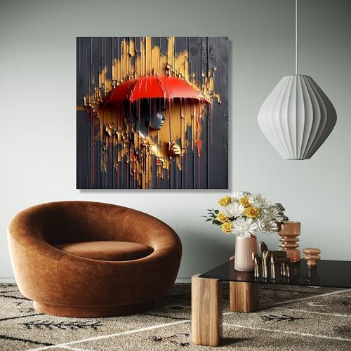 Impression sur toile femme au parapluie rouge finition premium style dégoulinant